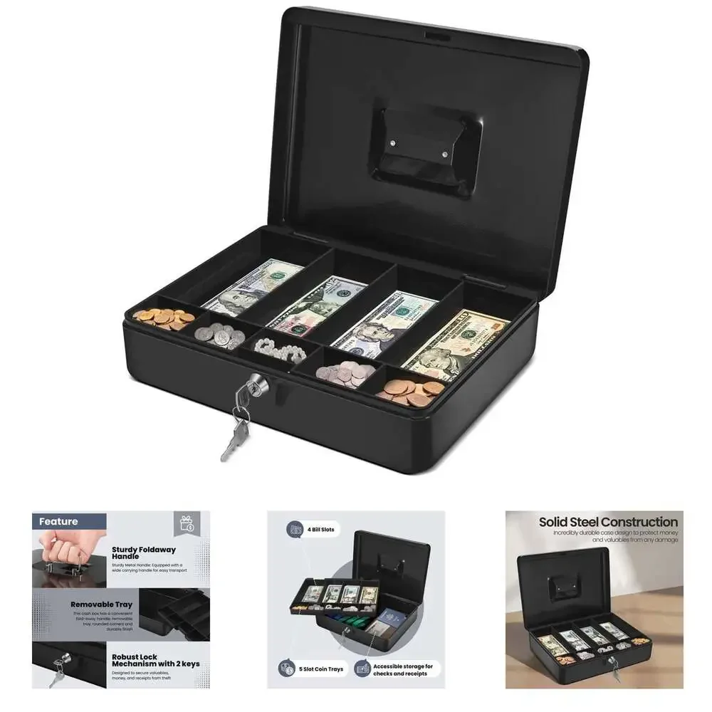 Cash Box with Lock and Money Tray, 9-Compartment Small Business Coin Cash